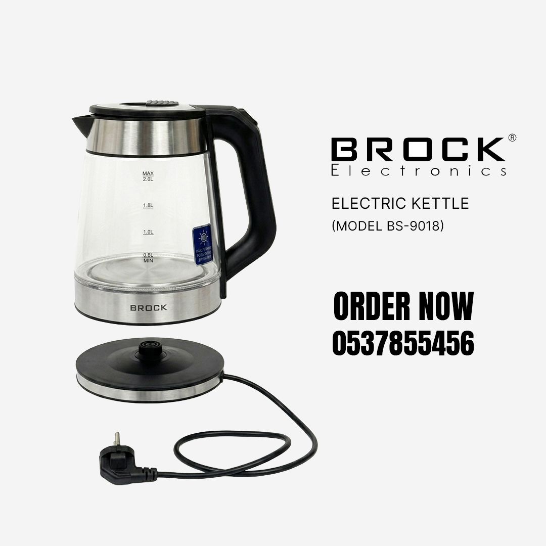 Brock 2L glass kettle lifted off its 360° cordless base